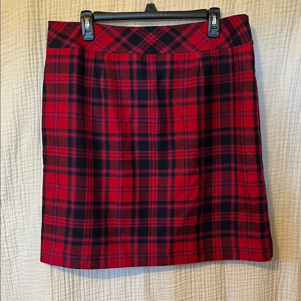 Talbots Red Black Tartan Plaid Faux Wrap Lined Wool Blend Skirt sz 14
